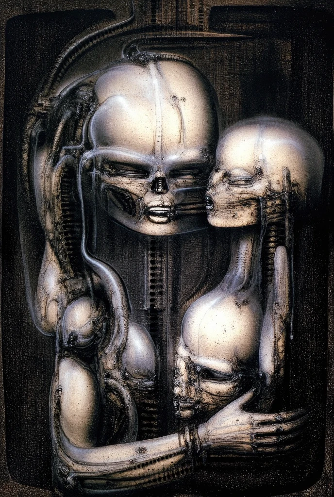 H. R. Giger's g1g3r, , Giger_style, H. R. Giger's g1g3r, , Giger_style, The image is a detailed view of H.R. Giger's \" Aleph (work 210) \" plate, featuring   (. The image features a robotic skull with mechanical parts and wires, set against a black background. The skull has a humanoid shape, with a large cranium and sockets for eyes and a mouth. BY Giger in gigeresque style ) (best quality:1.4)which appears to be an extraterrestrial. By giger in gigeresqe style  (best quality:1.4), anatomically correct limbs, (Triadic:1.1), (Proportion:1.1),  , (Reflected light:1.2), Parchment, ultra detailed, intricate,, dry b (best quality:1.4), H.R. GIGER,  BY GIGER