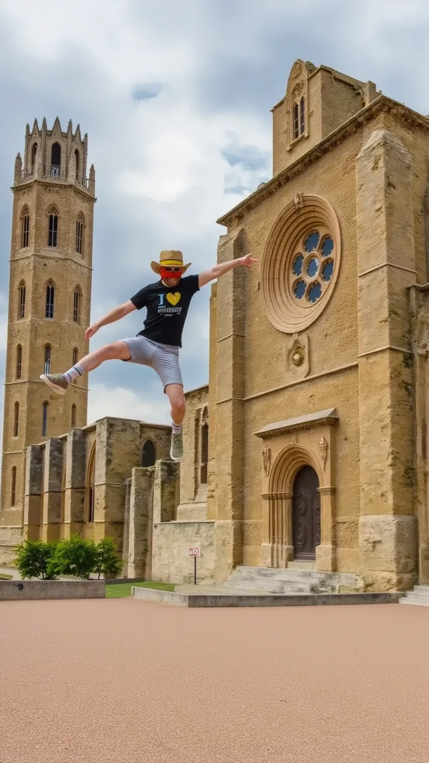 A cartoon of a man being dragged by a powerful wind, his body floating and flailing comically in the air. His exaggerated expression shows a mix of shock and humor as his clothes and hair are blown wildly by the strong gusts. In the background, a detailed, majestic cathedral stands against the stormy sky, with intricate architecture visible. The scene is cinematic, with dynamic motion, vivid colors, and a touch of realism, capturing the dramatic yet humorous moment. High detail in the man's flapping clothes and the ornate details of the cathedral.
