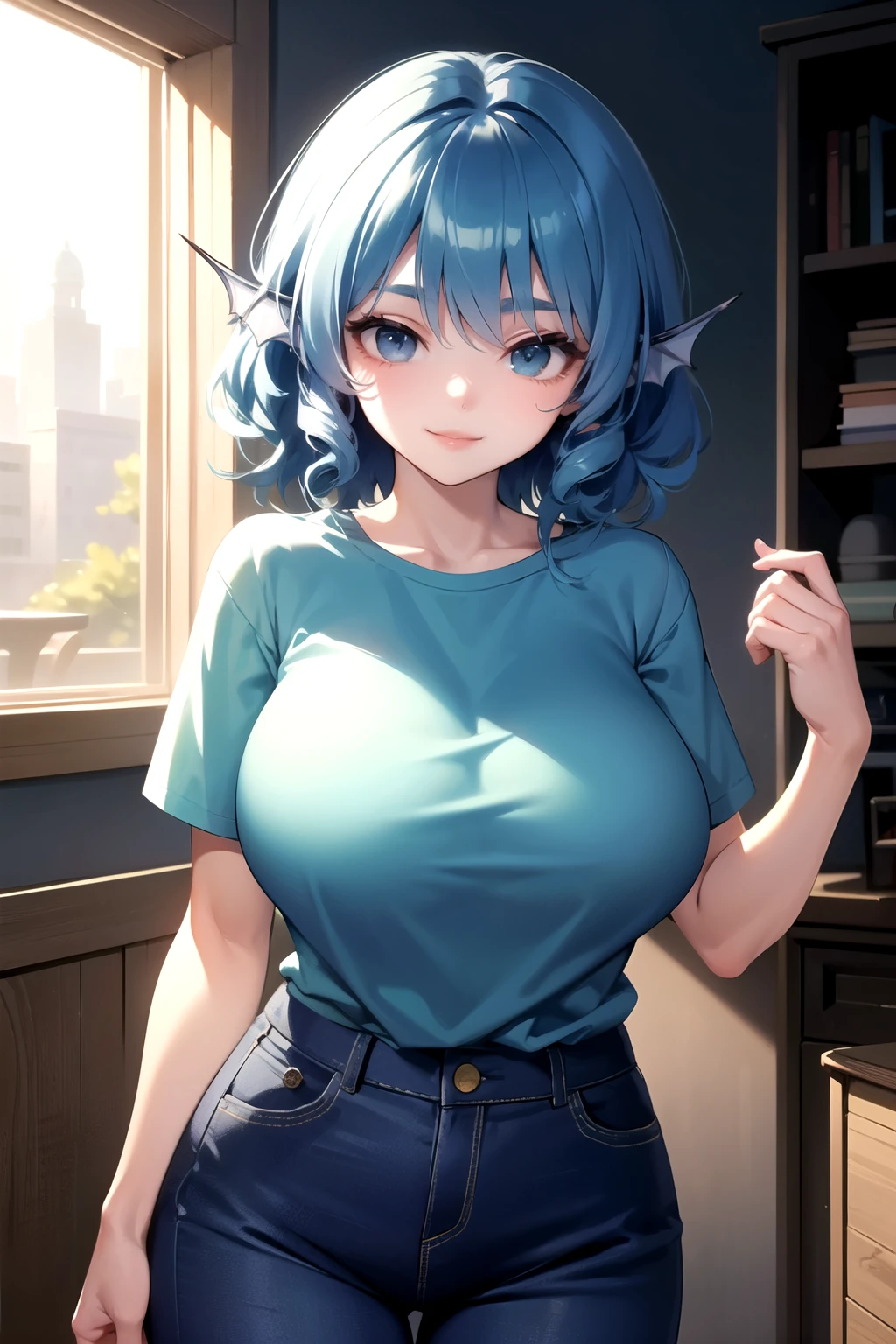 wakasagihime, 1women, age 20, big breast, thick, big head, short, 4'11,white eyes, blind, blue hair, short hair, head fins, t-shirt , pants, focus, seductive smile, masterpiece, best quality, standing strong, (fit:0.9), (muscular:0.9), shiny skin.