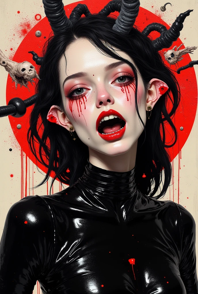 kinky she, wearing latex clothes, gothic horror portrait, Francis Bacon inspired, raw emotional style, distorted figure, existential dread, bold unsettling colors, abstract forms, eerie atmosphere,(detailed face:1.05), hyperrealistic, photorealistic
