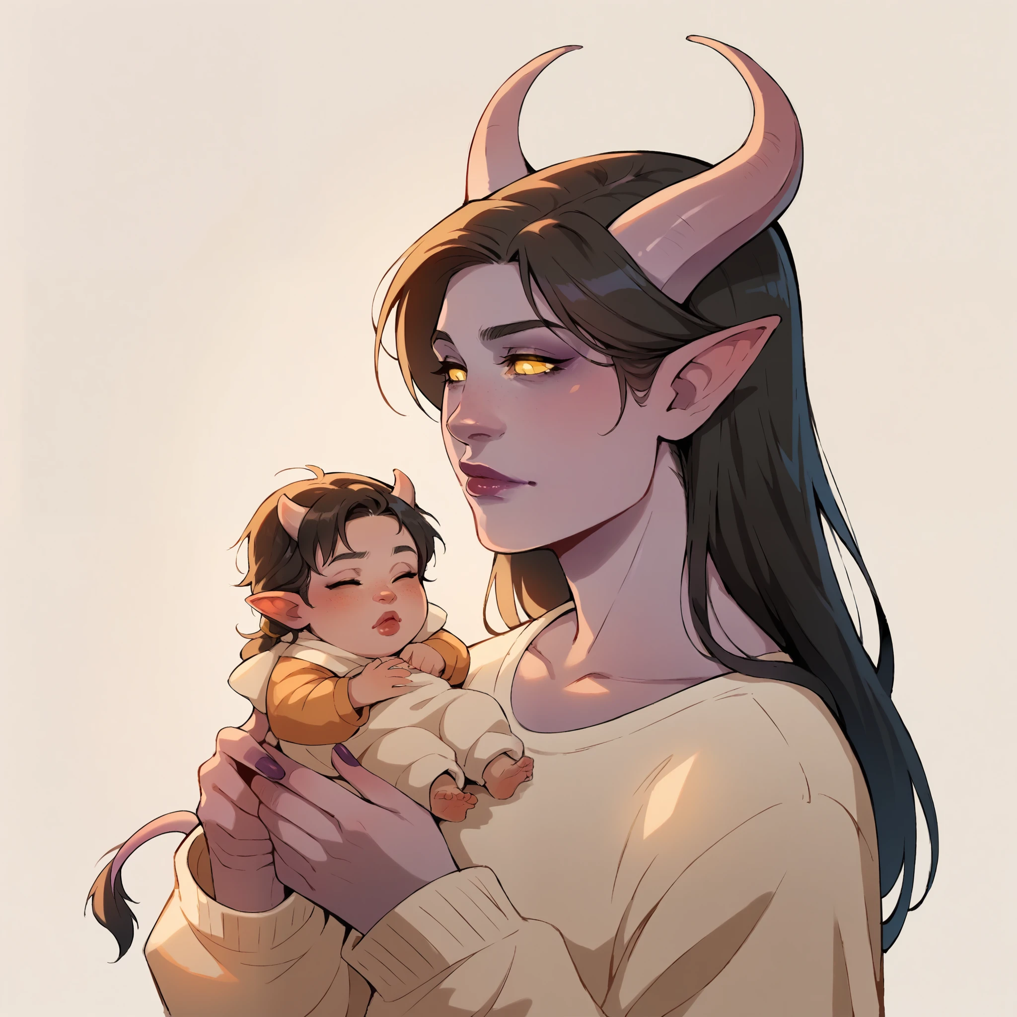 score_9, score_8_up, score_7_up, score_6_up, sw4p, 1girl, Tiefling woman holding a baby, mother and  , tiefling horns, black hair, purple skin, yellow eyes, tiefling tail, simple background, elixolsn, motherhood, tender scene