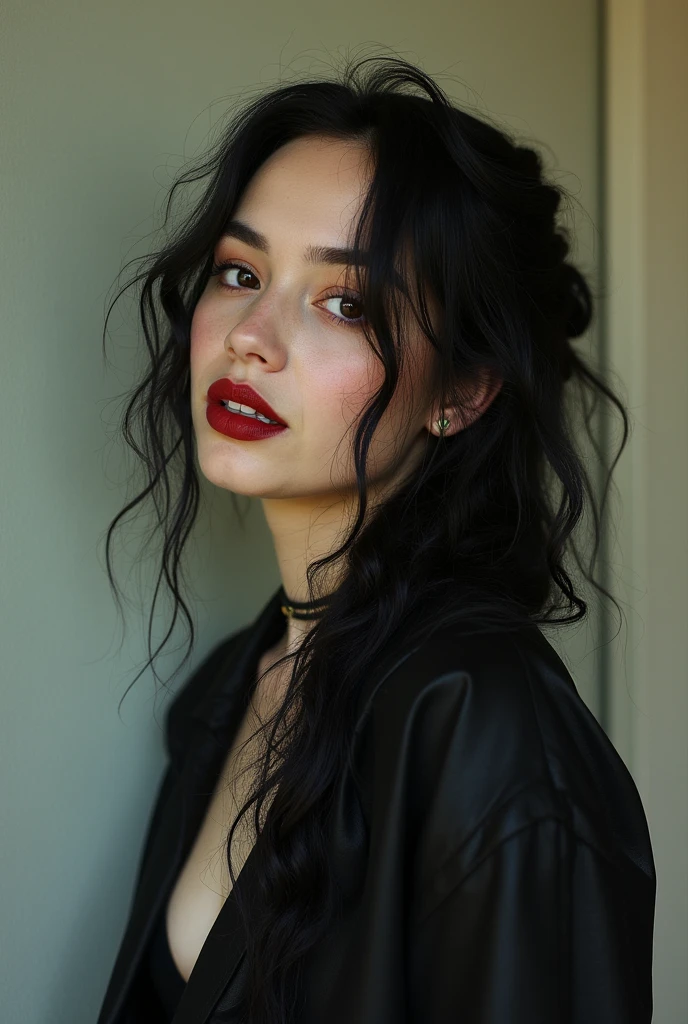 25 year old woman beautiful black hair with curls, red lips and seductive look, red neckline. realistic image in medium shot.