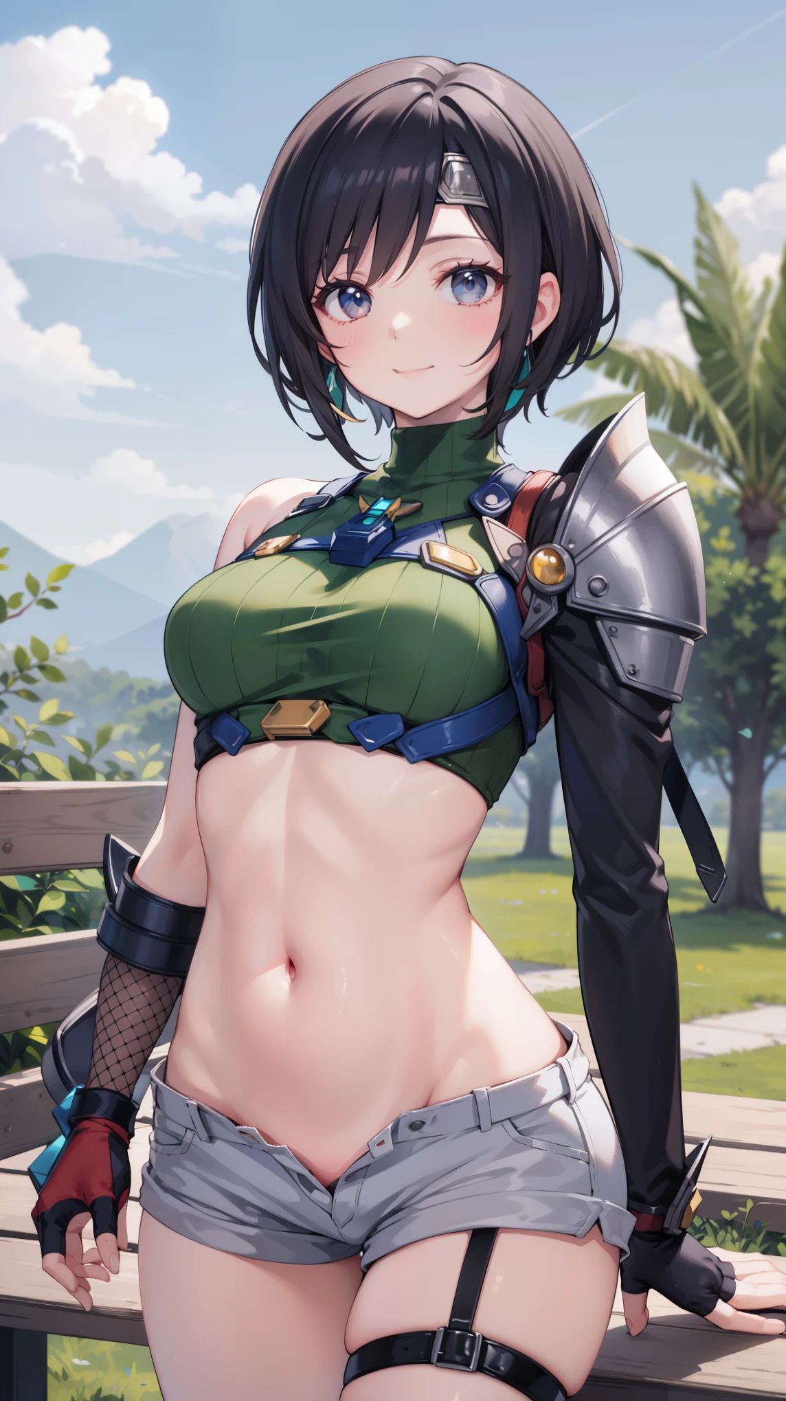 masterpiece, best quality, integrated scenery, integrated background, extremely delicate and beautiful, meticulous details, good composition, , cute face, perfect face, perfect hands, best quality, pyra \(xenoblade\), young__1girl, armor, bangs, yuffiekisaragi, Yuffie Kisaragi,Haircuts, pixie cut,
BLAKE crop top, fingerless gloves, fishnet Thighhighs, fishnet, forehead protector, gloves, head band, belly button, short shorts, shorts, single sleeve, single thigh high, No sleeve, No sleeve turtleneck, Thighhighs, turtleneck,
bench、blue sky、smile, solo