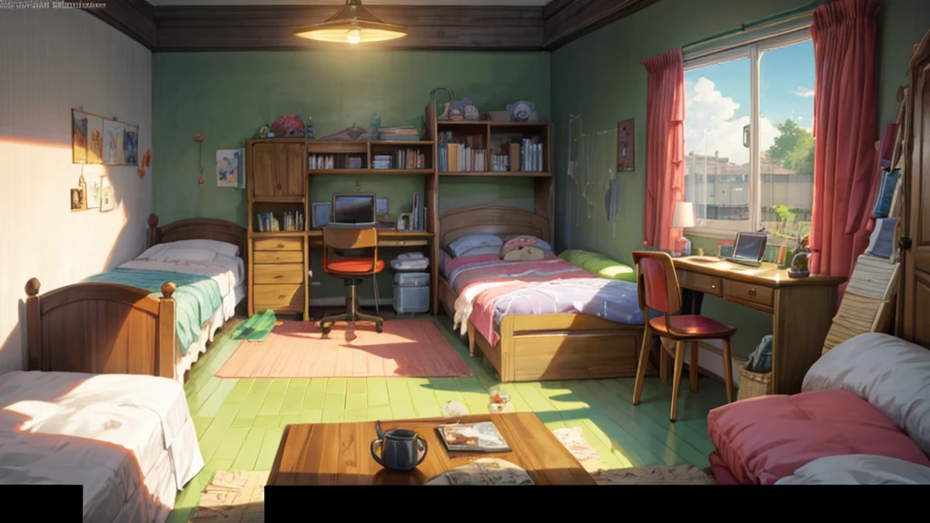 cozy room, warm lighting, 2D Anime style, Lo-fi, aerial view, disorder,
