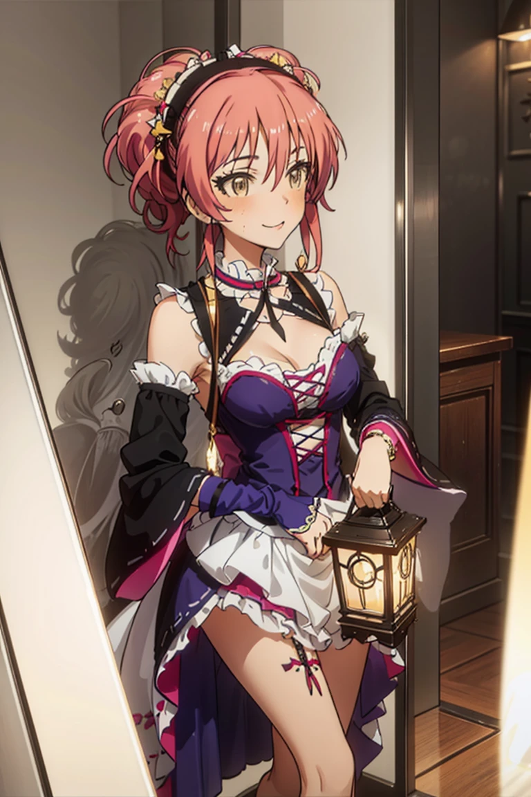  teenage girl， Enchanted ，Divine Happiness ，In love，( Light Victorian Dress :1.2)， Pink Hair， blue eyes，(Fabric head dress)， Maximalism ， Delicate Frills Layered Over Many Layers，Lots of lace，Multicolored cloth，Delicate embroidery， delicate pattern ，Fabric head dress，Elaborate costumes，See-through clothing，[bedroom，Night of， sparkled，(Dizziness:1.2)，movie lighting，Night of， For one person，Fluttering skirt，(Little Maid Character :1.1)