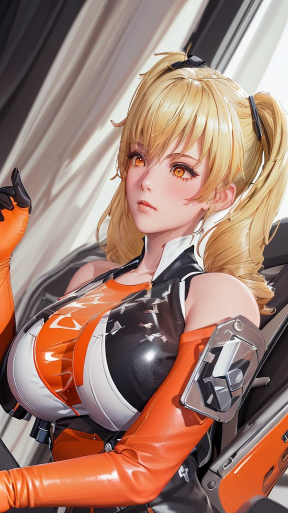 (（（figure，御姐figure,White and tender skin,（（（FenNib , long_sleeves_skirt, red_single_thighhigh, thigh_holster, elbow_gloves, strap, ）））,(（（twintails, Blonde_hair, orange_eyes,））),，((masterpiece)), highres icon,((Best quality at best)),masterpiece,quality,Best quality,(（（  looking at the audience， is open to the audience,Light in the eyes， blush，shy）））， huge ,Chiaroscuro, depth of field, cinematic lighting, motion blur, ray tracing, reflection light, drop shadow, speed lines）））