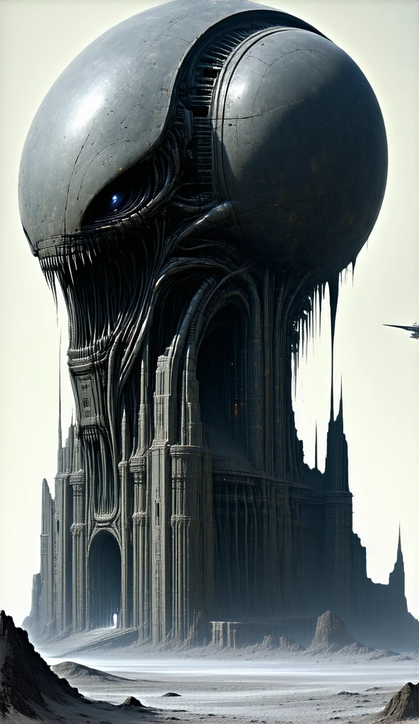 moon base in the style of hr giger aesthetics. the architecture is intricate and grotesque with huge hr giger's xenomorph head and other similar grotesque design. earth can be seen in the sky. the mood is eerie and overwhelming