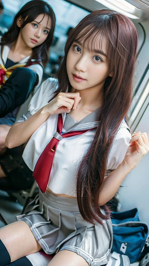 (8k), ( best quality: 1.2), (Realistic), (Realistic: 1.37),  ultra high resolution,  1 girl, cute,  closed mouth,  beautiful details , Beautiful Nose, Beautiful Hair,  pork, Thighs，Self snap, school uniform,Riding a train in Tokyo, simple blazer Pleated Skirts,(the skirt and tie:1.3),Cross-legged, the above,(Close up on thighs),(Shiny thighs),(Uniquely designed knee-high socks  :1.2)、Knee-high、 sitting with legs open 、 very thin 、Super Real Photo、 best quality,  Ultra High Definition,  textured skin,  best quality,  anatomically correct,  8k octane,  portrait photography,  movie light effect that won't light up, 、 random hairstyle、 low angle、Knee-high socks with unique designs、 sitting with legs open 、 Panchira 、 panties looking at the buttocks are visible、 anatomically correct、short uniform 、 sitting with legs standing、Gal、 high definition ,  textured skin,  Ultra High Definition, masterpiece,  8k octane, Cinematography,  Movie Light Effects , 