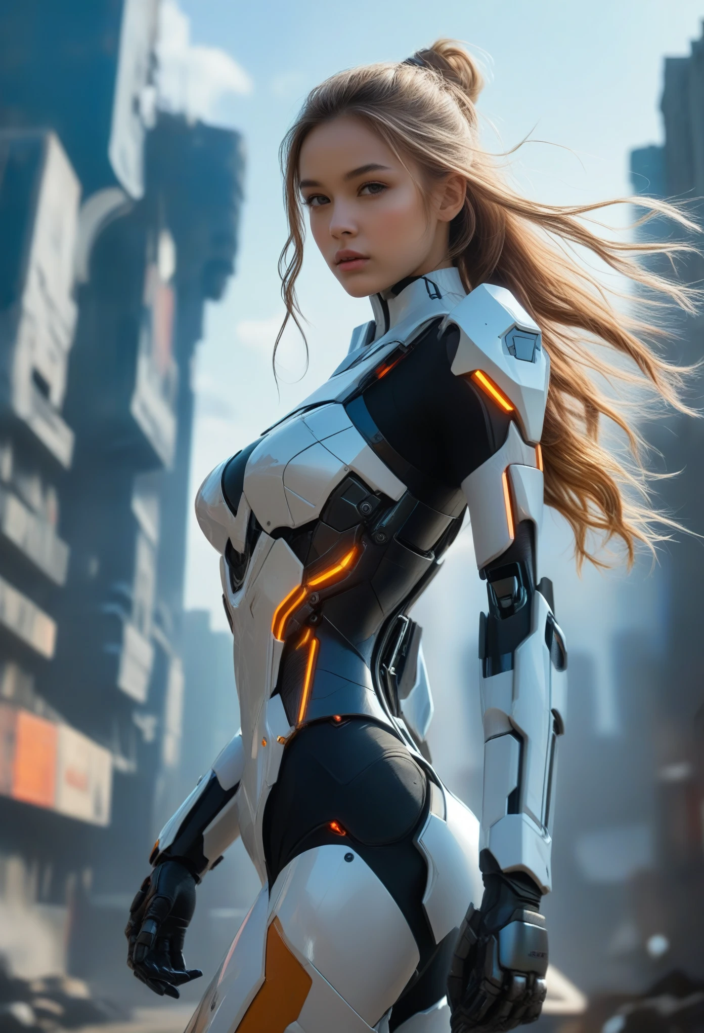 score_9, score_8_up, score_7_up, score_6_up, score_5_up, score_4_up,(best quality,4K,8k, high res icon,masterpiece:1.2), ultra-detailed, hi res, (super realistic:1.37), super photo real, (Female Ninja Cruel Mecha:1.3), Full body covering mechanism, Heavy AWP on your back, DSLR, Light Tracing, 3d, Concept art, action painting, Movie Lighting, chiaroscuro, Highlight the curve of your chest, long white ponytail hair that accentuates the curve of the chest looks graceful and attractive, Masterpiece in 8K resolution, (Murder and terror:0.5), long red scarf that flutters in the wind that emphasizes the curves of the chest, With a war-torn city in the background.
