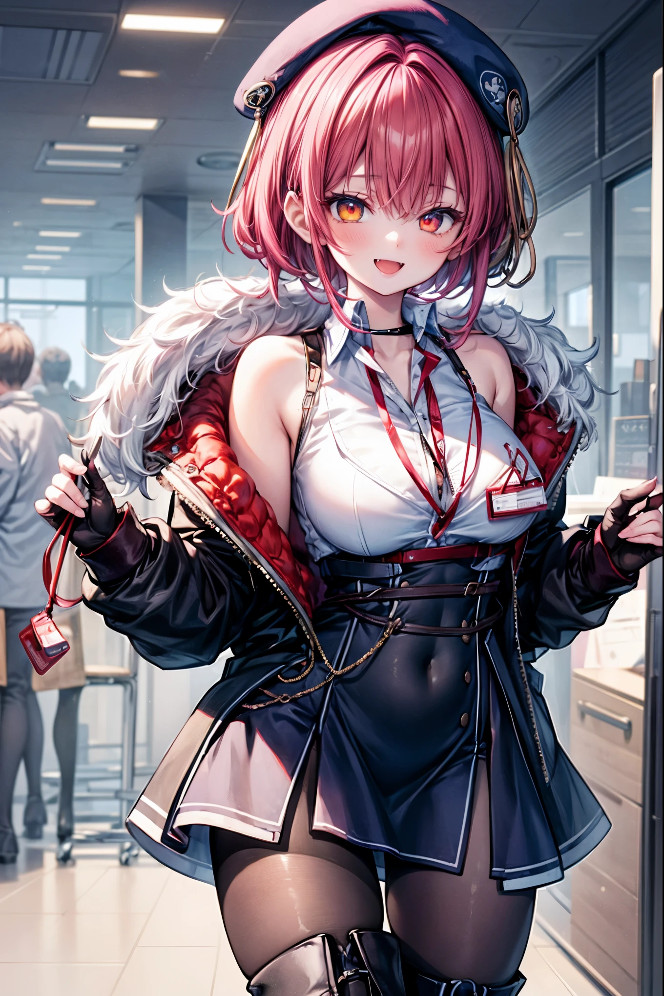 ((Masterpiece)), (Best Quality), marine_beret, Collared_White_Shirt, Sleeveless, High-waisted Skirt, Pantyhose, Blue Jacket, Fur Embellishment, Fingerless Gloves, ID Card, Solo,marine_officer,, black pantyhose, black gloves, thigh boots, beret,houshou_marine,heterochromia, red eyes, orange eyes,open_mouth,big_smile,evil_smile,fang,large_breasts,,office_landscape,red_short_hair,(plump:0.7),open_mouth,tongue, slouch,pov,grin,evil,