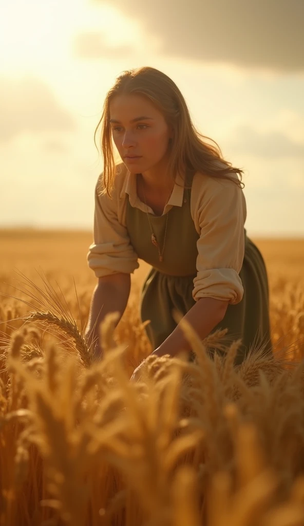 half-naked plump woman with short brown hair in Russian clothes carries buckets on a yoke in the field, ears of wheat, early morning, fog, Full-face face