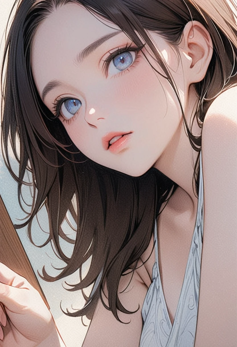 1 beautiful woman、white silk dress、close-up face, over-the-shoulder look, dynamic angle, detailed face, beautiful eyes, detailed lips, pale skin, long dark-brown hair, Art、ad、color pencil drawing、draft drawing、illustration, natural light,  (masterpiece, 8K, best quality:1.4)