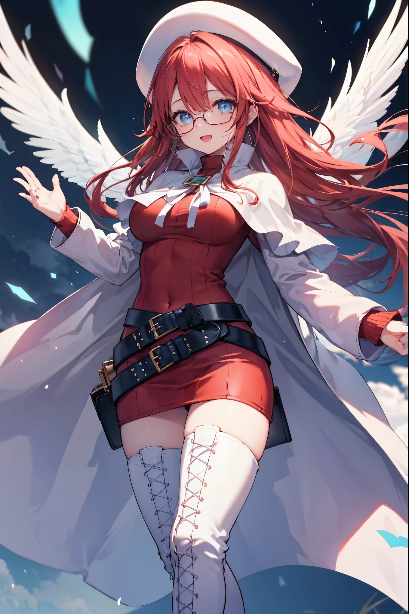 summonnightaty, aty, (young:1.3),long hair, blue eyes, red hair, big_tits, hat, glasses,
BREAK long hair, thighhighs, hat, dress, naked_legs, glasses, belt, cape, sweater, zettai ryouiki, beret, thigh boots, white footwear, ribbed sweater, loose belt,solo,
BREAK outdoors, fantasy,
,Highquality_hads,perfect_fingers,
BREAK (masterpiece:1.2), best quality, high resolution, unity 8k wallpaper, (illustration:0.8), (beautiful detailed eyes:1.6), extremely detailed face, perfect lighting, extremely detailed CG, (perfect hands, perfect anatomy),covered_nipples,covered_navel ,half_eyes,long_sword,sleepy_eyes,red_sweater,apart_knees,magical_effect,spread_legs, have_a_book,teacher,rise_knee,Smile,rise_hand,look_down_viewer,spread_arms,,looking_into,plump,open_mouth, dynamic_posing,solo,in_Emodern_town_landscape,night_sky,solo