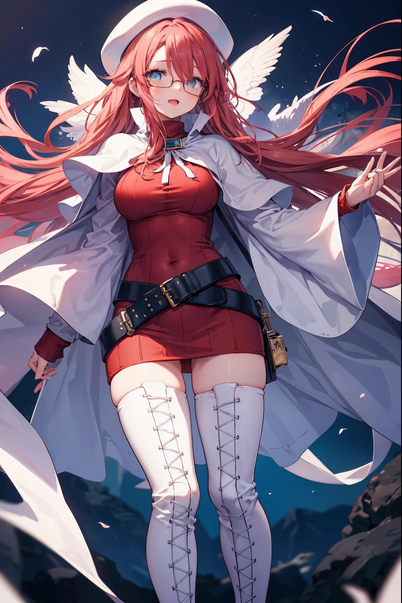 summonnightaty, aty, (young:1.3),long hair, blue eyes, red hair, big_tits, hat, glasses,
BREAK long hair, thighhighs, hat, dress, naked_legs, glasses, belt, cape, sweater, zettai ryouiki, beret, thigh boots, white footwear, ribbed sweater, loose belt,solo,
BREAK outdoors, fantasy,
,Highquality_hads,perfect_fingers,
BREAK (masterpiece:1.2), best quality, high resolution, unity 8k wallpaper, (illustration:0.8), (beautiful detailed eyes:1.6), extremely detailed face, perfect lighting, extremely detailed CG, (perfect hands, perfect anatomy),covered_nipples,covered_navel ,half_eyes,long_sword,sleepy_eyes,red_sweater,apart_knees,magical_effect,spread_legs, have_a_book,teacher,rise_knee,Smile,rise_hand,look_down_viewer,spread_arms,,looking_into,plump,open_mouth, dynamic_posing,solo,in_Emodern_town_landscape,night_sky,solo