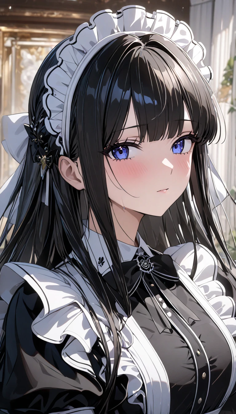 ((( best quality, 8k, masterpiece: 1.3)), (( best quality)), ((masterpiece)), (  Details),  perfect face, Long black haired maid, She is looking at me, Her rich hair flows ,  Ruffled Maid Outfit.  she serves the royal family,  high definition , textured skin, Anime Style,  shiny hair, Long Hair,  maid headdress