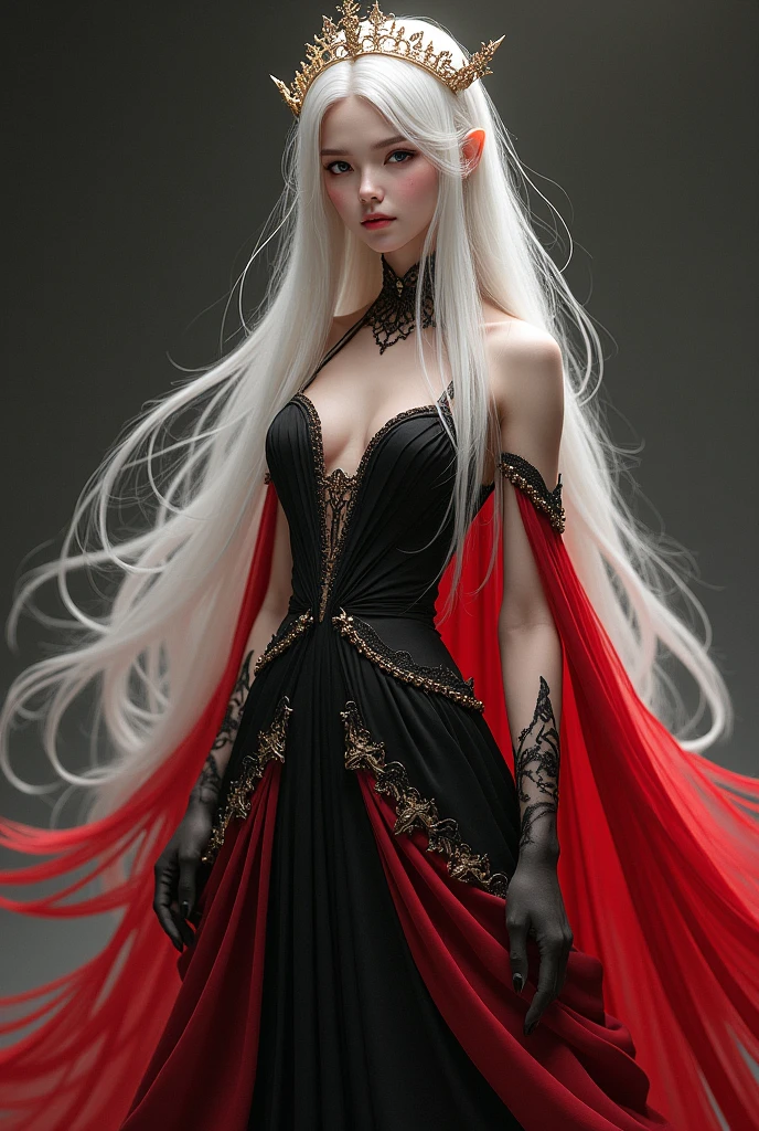 a young woman in her 20s, with long, straight silver hair, blue eyes, with a beautiful glow, perfect face, perfect body, wearing a beautiful long red dress, with red high heels, full body photo, full photo, high definition, realism.