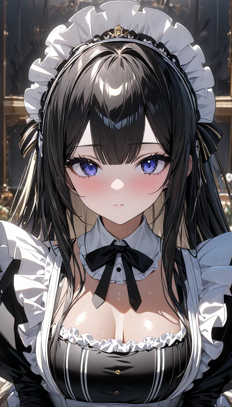 ((( best quality, 8k, masterpiece: 1.3)), (( best quality)), ((masterpiece)), (  Details),  perfect face, Long black haired maid, She is looking at me, Her rich hair flows ,  Ruffled Maid Outfit.  she serves the royal family,  high definition , textured skin, Anime Style,  shiny hair, Long Hair,  maid headdress