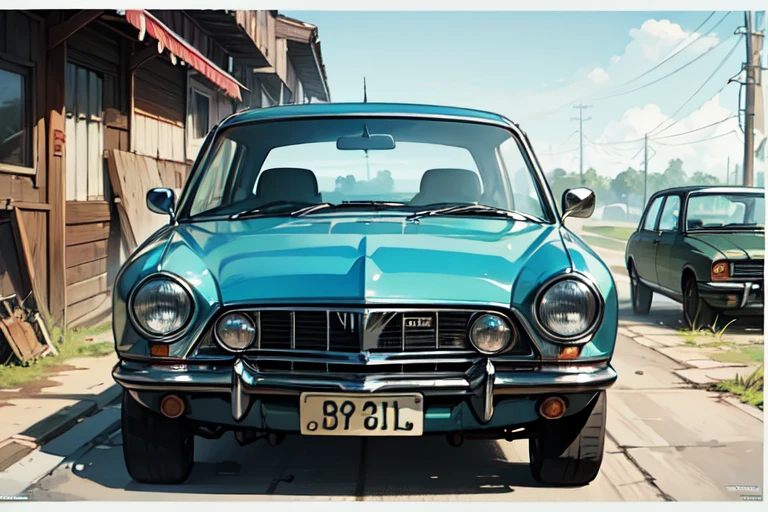 Vintage Chevette poster, Chevette car, blue color, in the style of rustic simplicity, gritty reportage, kombuchapunk, rusty debris, hyper-realistic animal illustrations