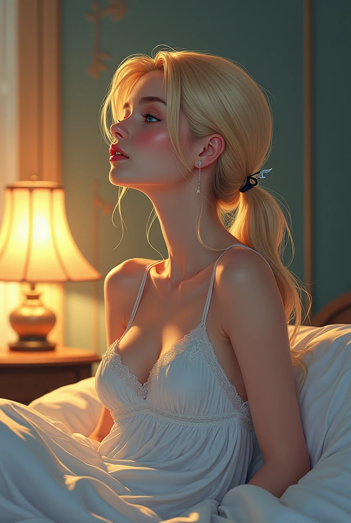Blonde woman, long hair, strong backlighting, dynamic lighting, topless, body facing camera, moving left, face in profile, head looking right, shock on face, bright blonde hair, full body shot, arms raised, bright sun directly behind head, full body and legs in image, wearing sheer white skirt