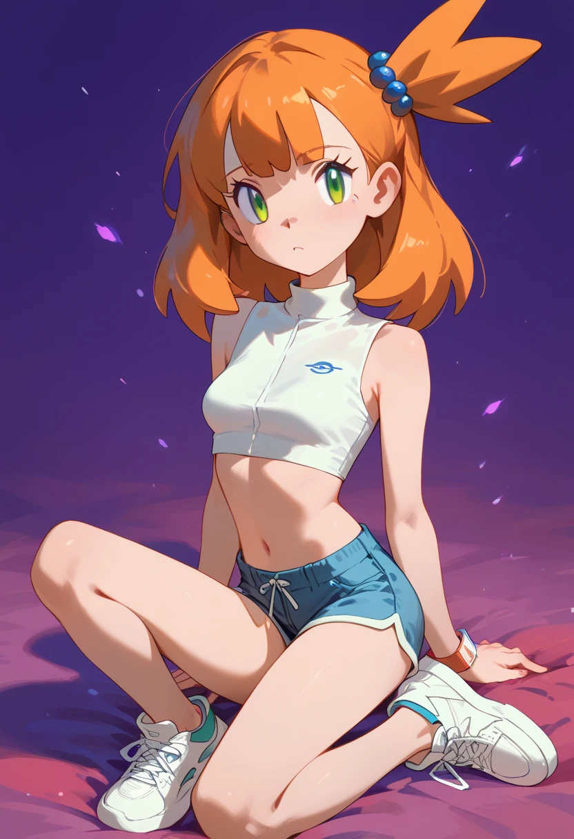 ToMisty_pokemon , Berry Short,Orange Hair, one side up hair ,Big green eyes,Small breasts ,Skinny .pokemon. White sleeveless crop top, Blue short shorts. Red and white sneakers. emotionally disconnected from her surroundings or the people around her. purple background, fading to black at the corners. emotional disconnection , melancholic,