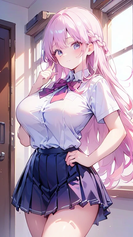  super high definition, 8k,high quality, slender,Cute hairstyle,,(iridescent light,soft shadow,Anime Painting,thin line drawing),(((Extra low length, stiff body,Young face,,((It's because I'm young ), detailed beautiful shaped super huge breasts:1.5,Student Uniform)))),((underwear))