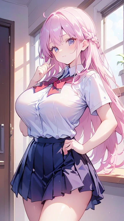  super high definition, 8k,high quality, slender,Cute hairstyle,,(iridescent light,soft shadow,Anime Painting,thin line drawing),(((Extra low length, stiff body,Young face,,((It's because I'm young ), detailed beautiful shaped super huge breasts:1.5,Student Uniform)))),((underwear))