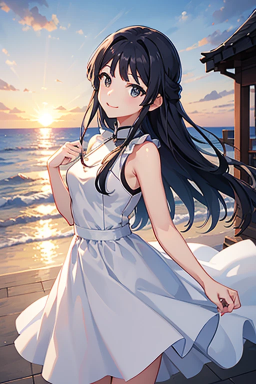 top-quality、  best image quality、 white dress、  long black hair 、 medium breasts、In the evening you can see the sunset、coastal、smile、 posing、