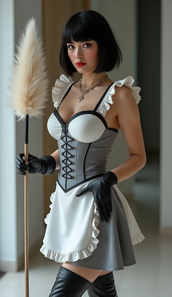 see through clothes(Full body female love:1.3)，best quality, masterpiece, ultra high resolution, (lifelike:1.4), original photo, 1 female,18 years old， black hair, big eyes, Detailed eyes and face,huge breasts，split，long legs，Belted robe open ，bare shoulder，no underwear:1.5,see through clothes，Hollow material white clothes，kitchen:1.3，Smile、sleeveless costume、((Maid clothes))、Extremely revealing clothing、A young but sexually attractive girl, pony tail、Seductive pose