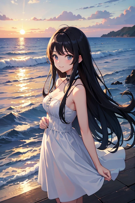 top-quality、  best image quality、 white dress、  long black hair 、 medium breasts、In the evening you can see the sunset、coastal、smile、 posing、