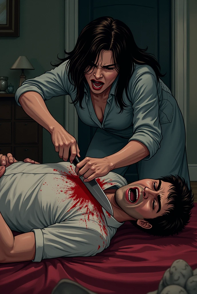 A woman kneeling crying and holding in her arms a man who was shot in the chest You can see that she is crying bitterly, you can see the tears falling, you can see the blood falling from the man's chest, he has his shirt on, in the living room