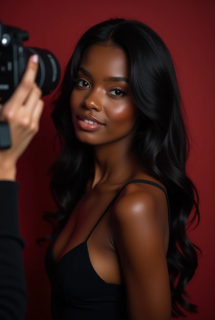 a photorealistic portrait of a beautiful ebony-skinned woman, naked, with a concentrated and passionate expression, holding a camera firmly as she focuses on an elegant crystal perfume bottle in a professional photography studio, soft and diffused lighting, minimalist background, sophisticated perfume bottle design with balanced reflections and shadows, the woman wearing tasteful jewelry, 8k quality, vivid colors, high level of detail, professional studio lighting, physically-based rendering