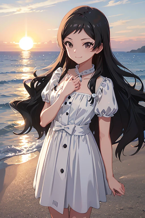 top-quality、  best image quality、 white dress、  long black hair 、 medium breasts、In the evening you can see the sunset、coastal、smile、 posing、