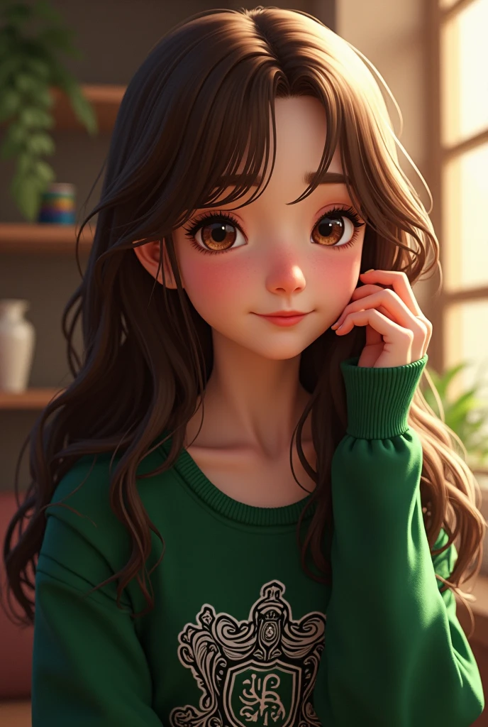 Beautifully detailed、High resolution portrait masterpiece of a girl with long hair。, Shiny brown hair and captivating green eyes, Wear a cozy sweater、She has a gorgeous smile that accentuates her small but perfectly shaped breasts.. Open chest