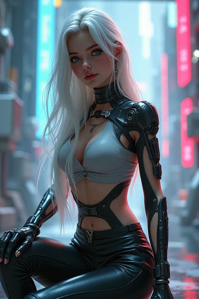 White hair with cyberpunk-style clothing pulled back