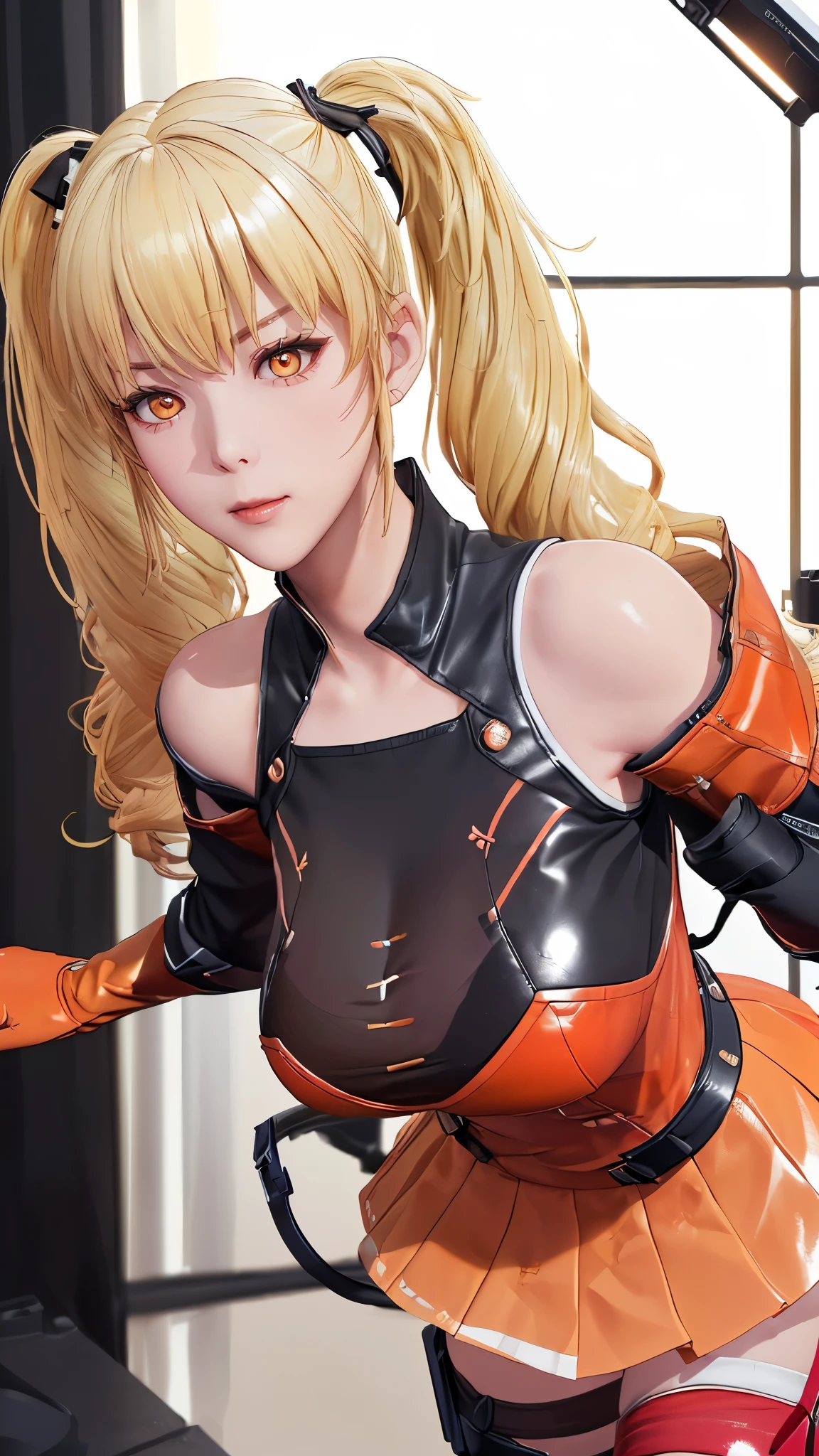 (（（figure，御姐figure,White and tender skin,（（（FenNib , long_sleeves_skirt, red_single_thighhigh, thigh_holster, elbow_gloves, strap, ）））,(（（twintails, Blonde_hair, orange_eyes,））),，((masterpiece)), highres icon,((Best quality at best)),masterpiece,quality,Best quality,(（（  looking at the audience， is open to the audience,Light in the eyes， blush，shy）））， huge ,Chiaroscuro, depth of field, cinematic lighting, motion blur, ray tracing, reflection light, drop shadow, speed lines）））