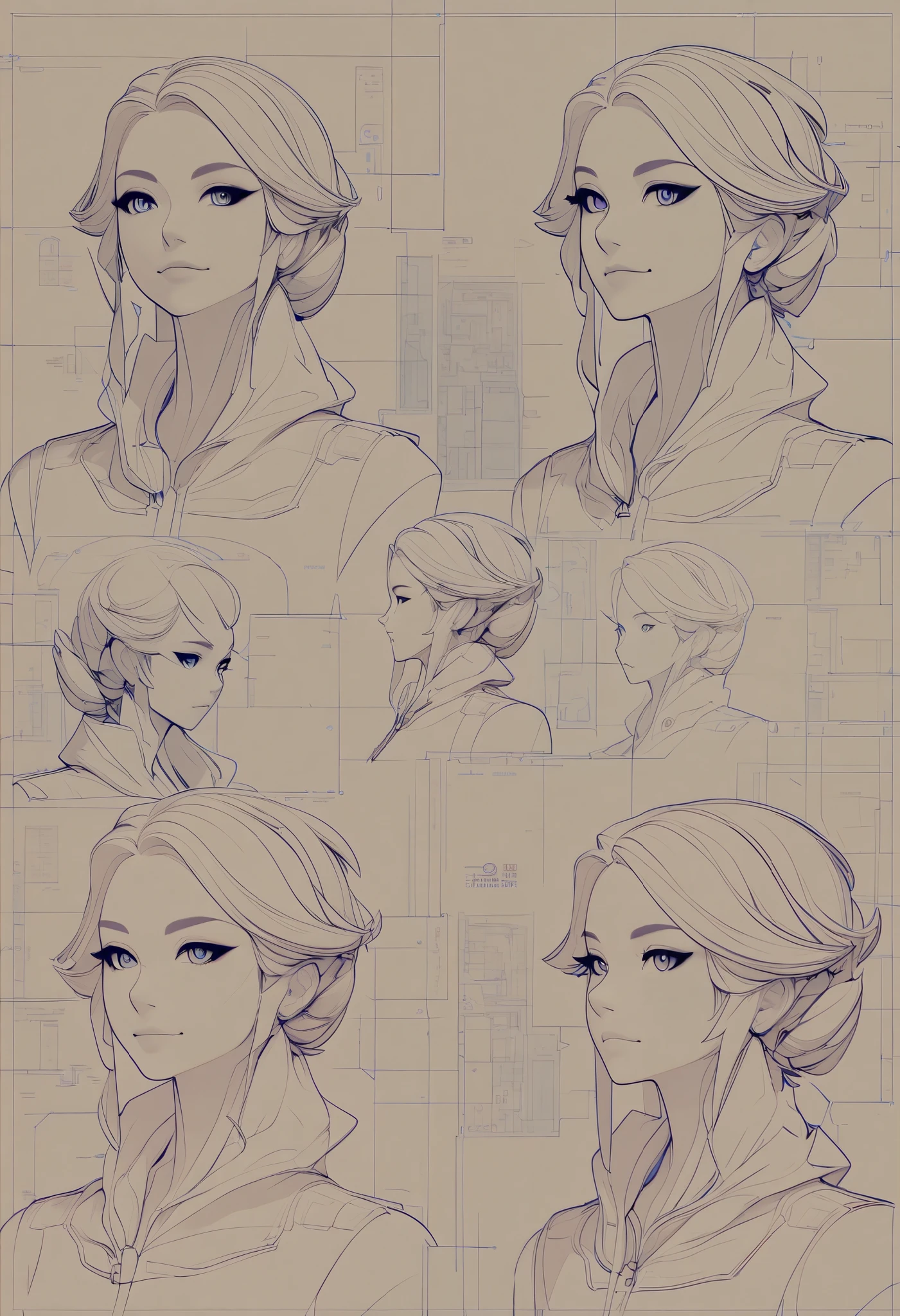 blueprint of a lineart girl, multiple perspectives, schematics, labels, full body, lineart, sharp lines, crisp,