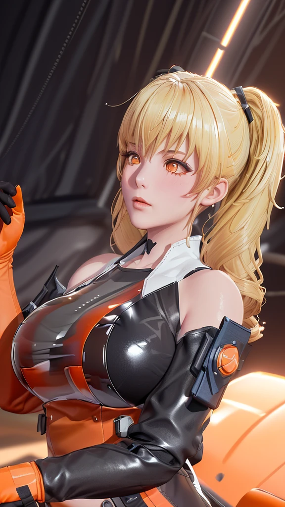 (（（figure，御姐figure,White and tender skin,（（（FenNib , long_sleeves_skirt, red_single_thighhigh, thigh_holster, elbow_gloves, strap, ）））,(（（twintails, Blonde_hair, orange_eyes,））),，((masterpiece)), highres icon,((Best quality at best)),masterpiece,quality,Best quality,(（（  looking at the audience， is open to the audience,Light in the eyes， blush，shy）））， huge ,Chiaroscuro, depth of field, cinematic lighting, motion blur, ray tracing, reflection light, drop shadow, speed lines）））