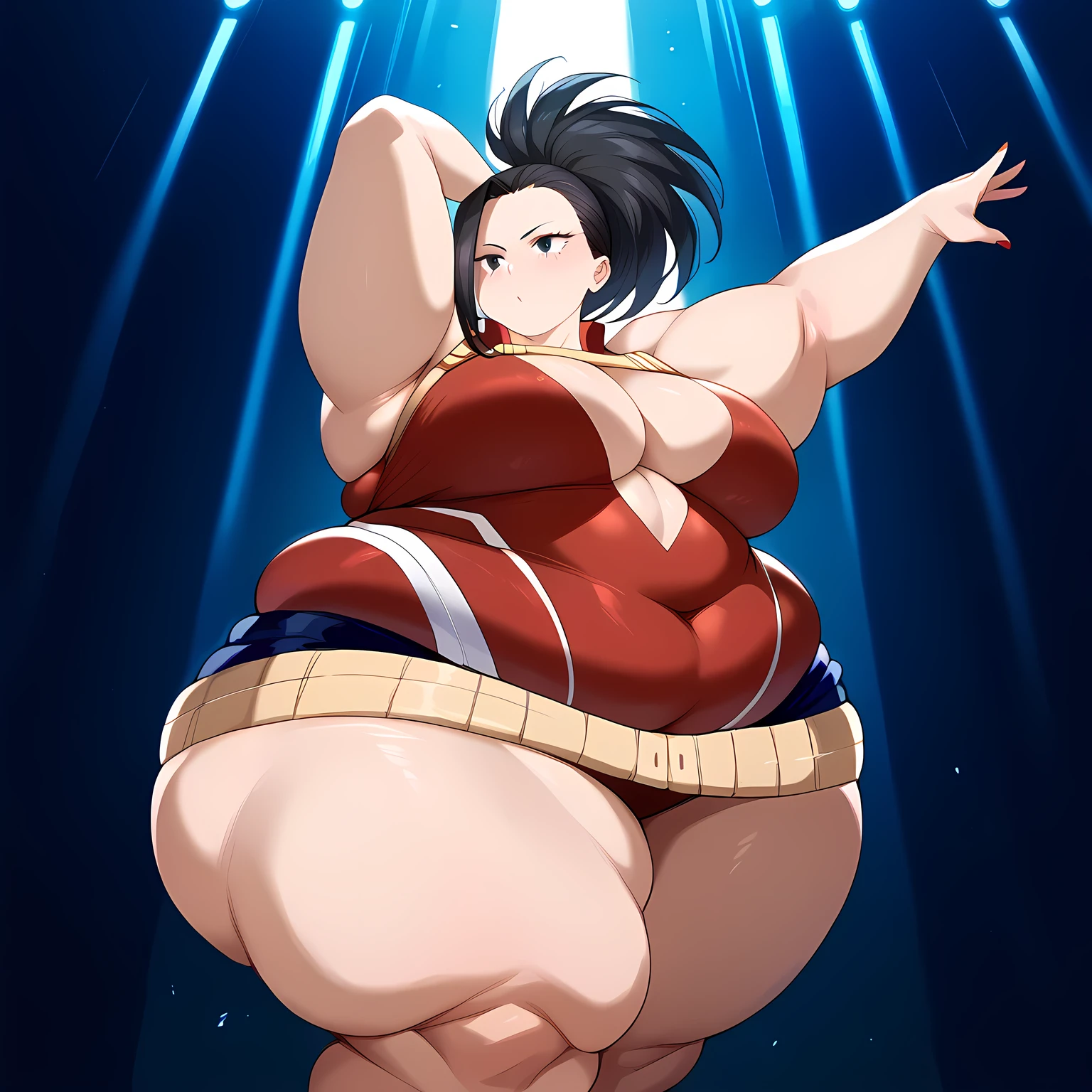 fat body, tall, yaoyorozumomo, black eyes, black hair, ponytail, long hair, hair pulled back, center opening, cleavage, red leotard, hero outfit, fat body, wide waist big . sexy body, sexy figure, fat thighs, sexy, wide waist, desireable, tempting, lust, fat, chubby, obese, gigantic arms and legs, dancing