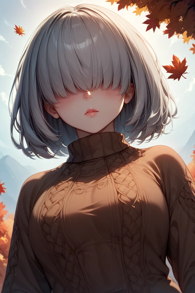 1girl,dramatic angle,blush,(no eyes,hair over eyes,grey hair,),Autumn Clothes、She is wearing a knitted sweater