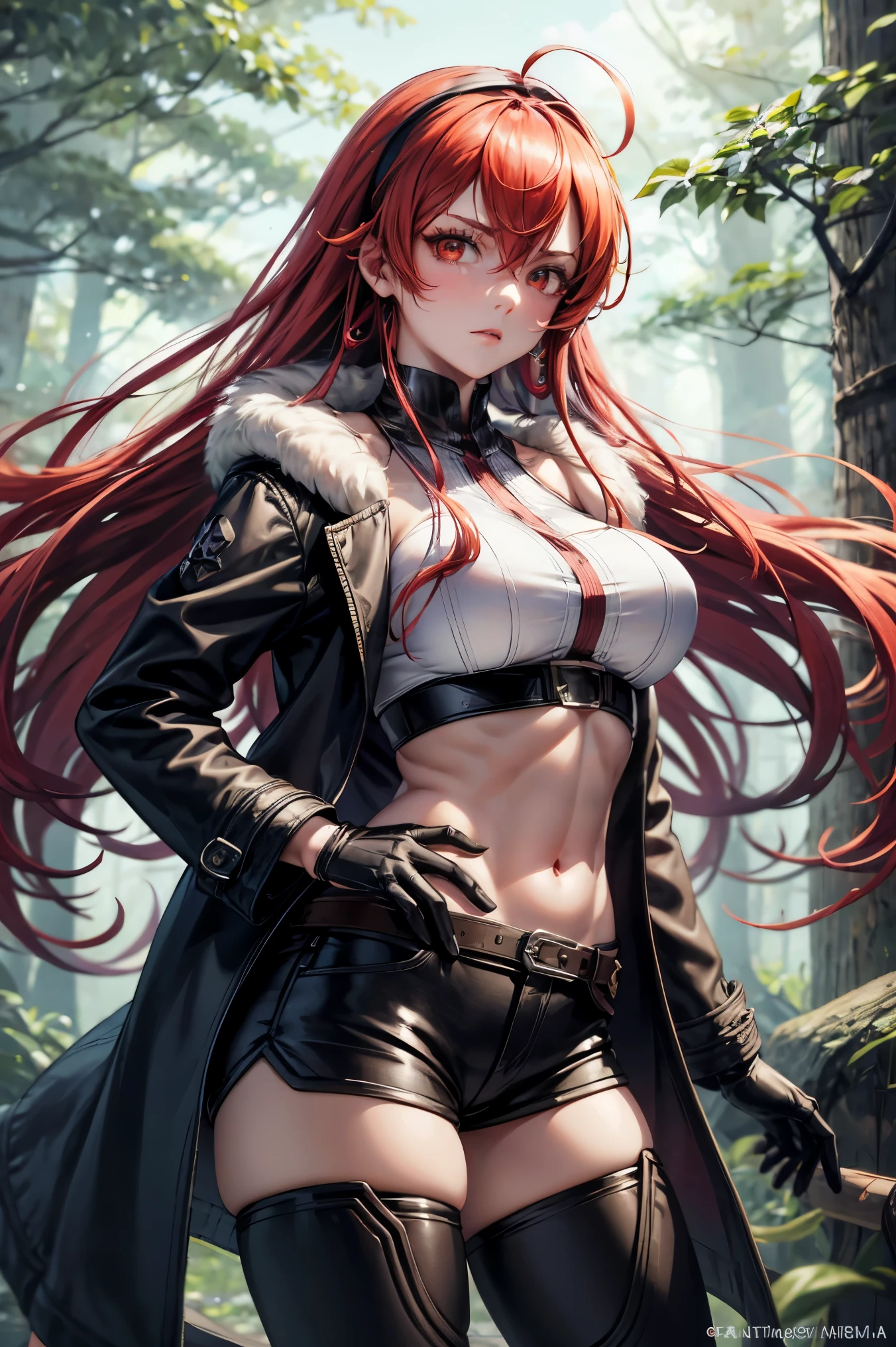 masterpiece, best quality, expressive eyes, perfect face, (cowboy shot), loking at viewer, crossed bangs, solo, 1girl, erisc, red hair, long hair, hairband, ahoge, red eyes, white shirt, large breasts, long hair, fur-trimmed jacket, black jacket, open jacket, coat, crop top, mature female, forest, sky, black thighhighs, gloves, long sleeves, navel, short shorts, black shorts, belt