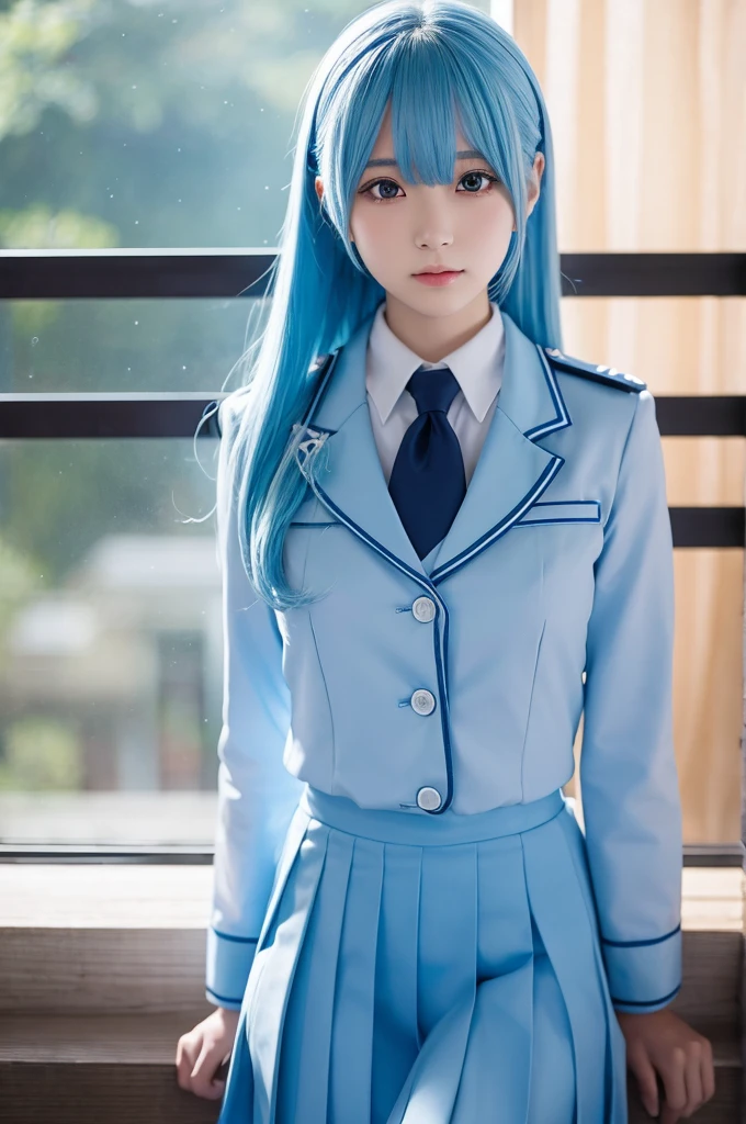 arafed asian woman in a school uniform posing in front of a blackboard, a hyperrealistic schoolgirl, wearing japanese school uniform, hyperrealistic schoolgirl, japanese girl school uniform, wearing school uniform, japanese school uniform, realistic schoolgirl, girl wearing uniform, cute schoolgirl, wearing a school uniform, jk uniform, school girl, korean girl, (1girl blue eyes neon hair), big ass full breasts until waiting wearing, (mini sexy swinging skirt round: 1.3), varied poses.