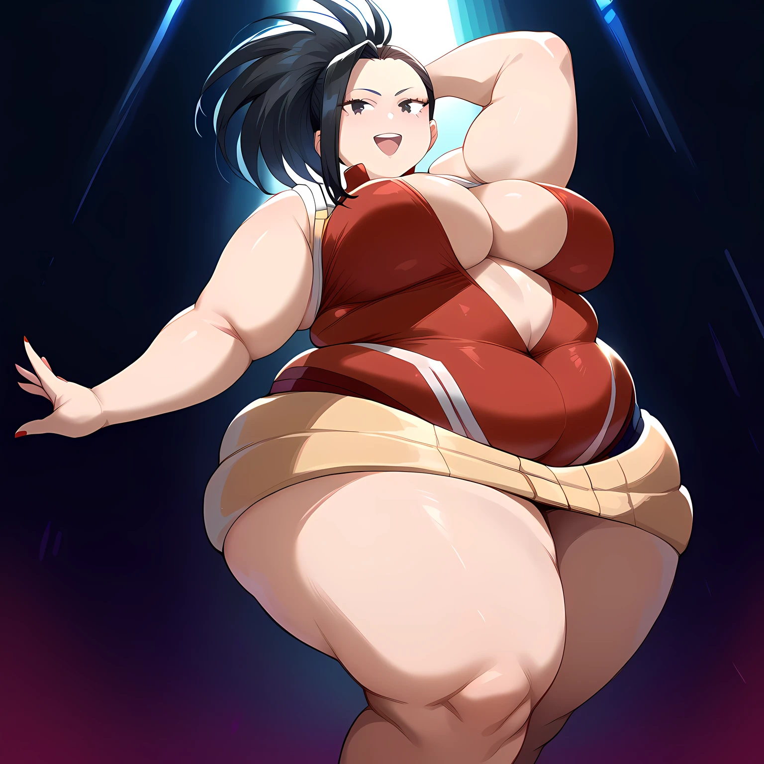 fat body, tall, yaoyorozumomo, black eyes, black hair, ponytail, long hair, hair pulled back, center opening, cleavage, red leotard, hero outfit, fat body, wide waist big . sexy body, sexy figure, fat thighs, sexy, wide waist, desireable, tempting, lust, fat, chubby, obese, gigantic arms and legs, dancing, closeyes, smile, open mouth