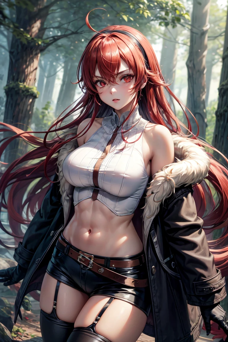 masterpiece, best quality, expressive eyes, perfect face, (cowboy shot), loking at viewer, crossed bangs, solo, 1girl, erisc, red hair, long hair, hairband, ahoge, red eyes, white shirt, large breasts, long hair, fur-trimmed jacket, black jacket, open jacket, coat, crop top, mature female, forest, sky, black thighhighs, gloves, long sleeves, navel, short shorts, black shorts, belt, nsfw