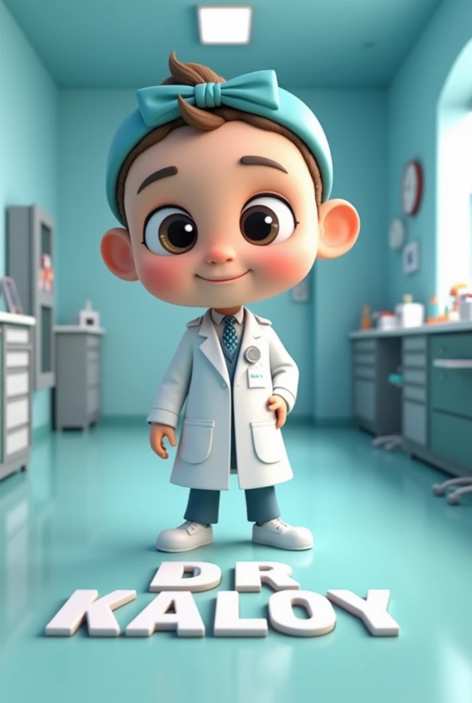 Create cartoon image of a doctor with hair bow , semi-rounded face, semi bald, fair skin, clean face, with name "DR KALOY" written on the floor in 3D white letter style, embossed, realistic, with clear background of a galactic medical clinic-like., looking at the viewer, front view, 