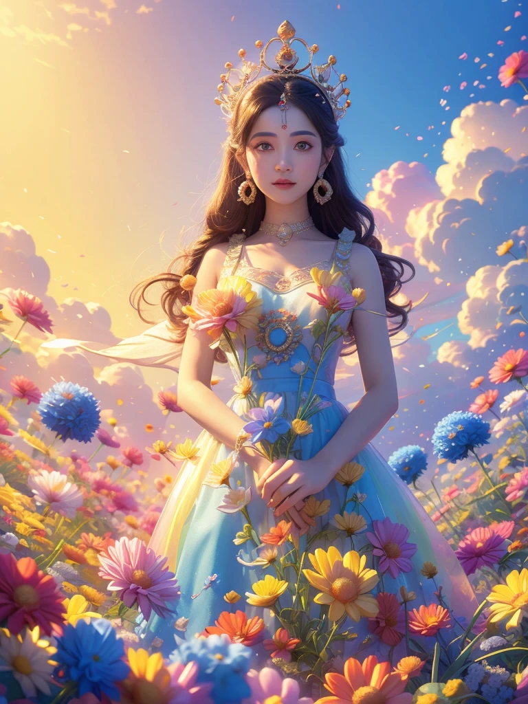 movie photo solo,1 girl,,Lace-edged_skirt,Two colors_pantyhose,A modern depiction of Radha and Krishna in a garden full of flowers. Radha with her golden-white glowing skin, is wearing dress of primary color blue, secondary color pink, dark hair with a small ornate crown and flowers Krishna, with radiant blue skin, with iconic flute and peacock feature wearing  dress of primary color yellow secondary color red,.  They are emanating a divine presence and aura.
Fashion portrait,bright colors,clean background,panoramic,Large aperture,Bubble Mart production,delicate luster,8K gradient translucent glass melt,frosted glass,masterpiece, best quality,, super real,lifelike,16k,high detail,high resolution ，Movie, bokeh, professional, 4K, Very detailed