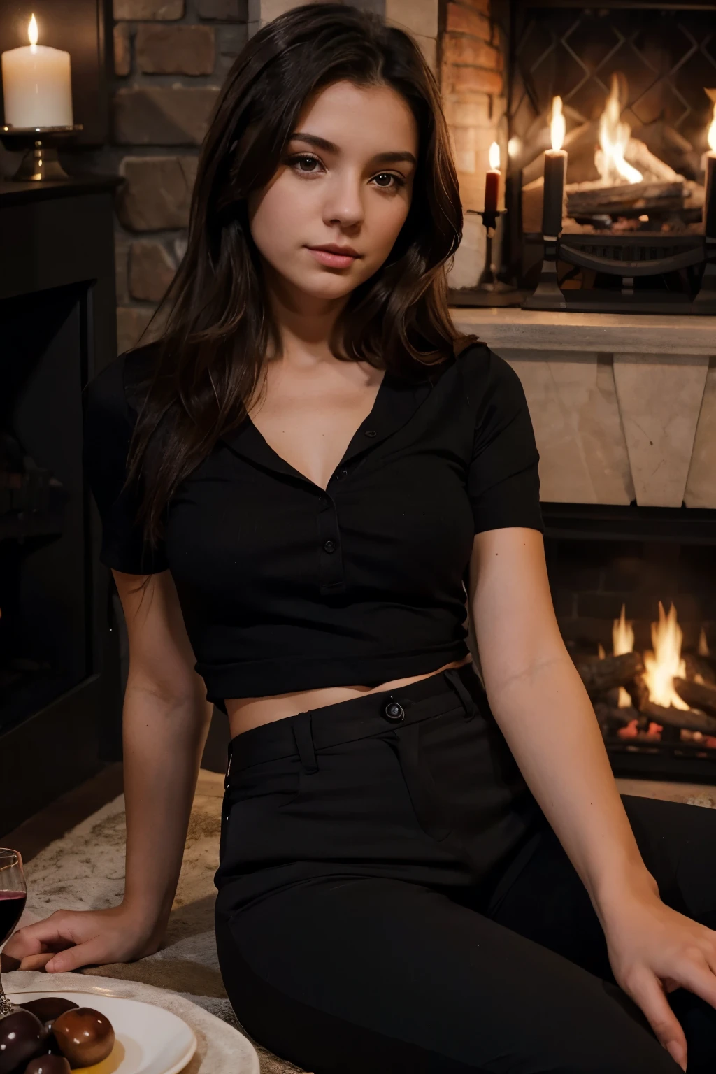 Ultrarealistic, pale skin, black hair, cleavage, (red long sleeve top), tight white jeans, full body, at a house party, night, backyard, her friend with her