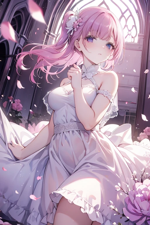 Perfect face. Perfect hands. A petite pink haired woman with violet eyes in a pretty lace gown is spinning in a flurry of peony petals in an abandoned church
