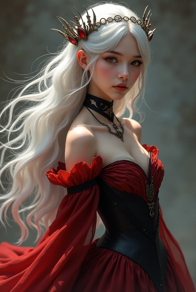 a girl who has pearl white skin, divine beauty, siren eyes, blue ocean eyes, long lashes, arched eyebrows, darkened gaze, pointed nose, natural red lips, sharp jawline, long silver shiny hair, ethereal glowing skin, hourglass body, wearing cherry red gown that holds her body and curves perfectly.
