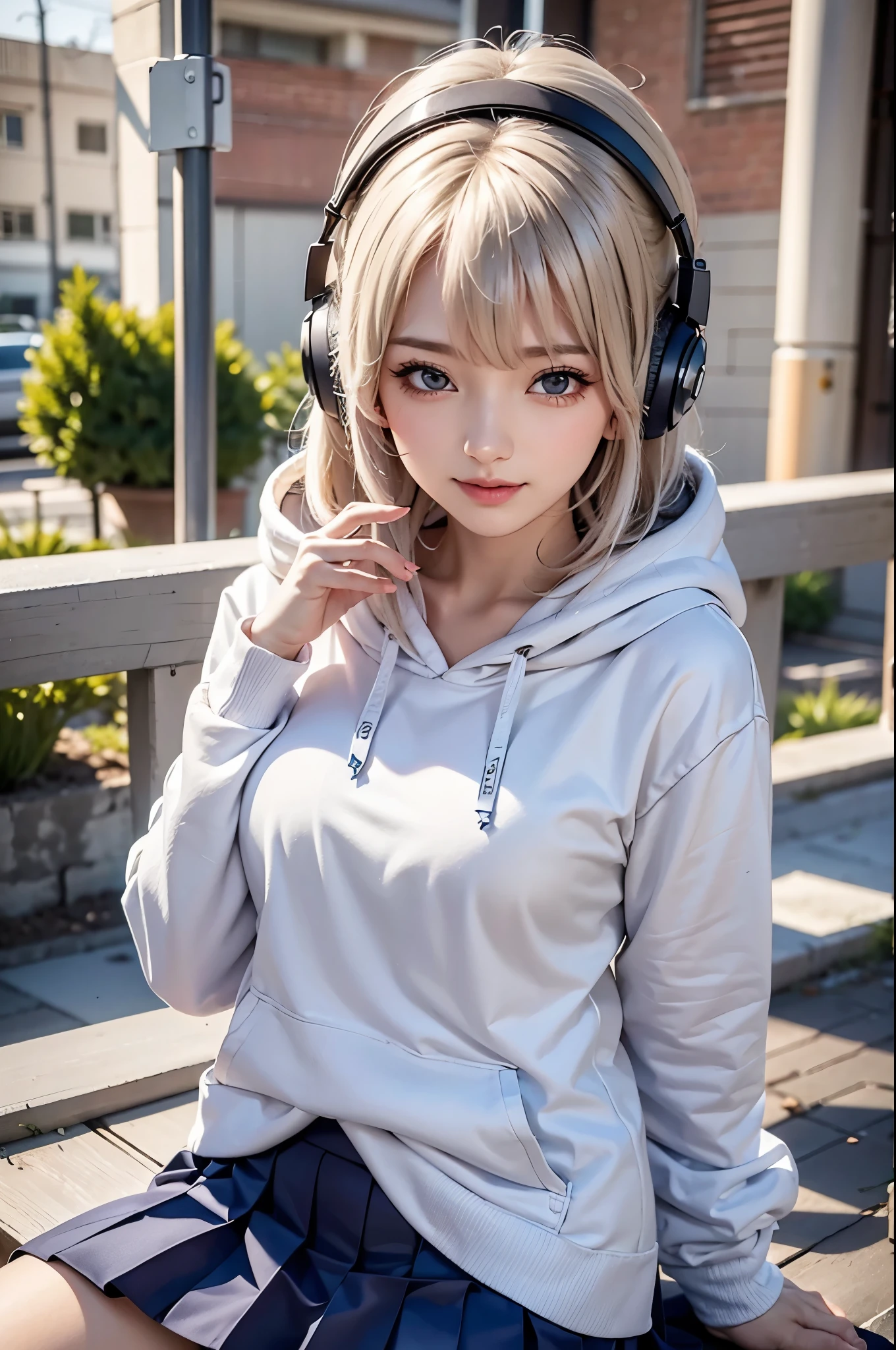 ((masterpiece:1.5、8k、Portraiture、Photorealistic and very detailed CG、Very detailed、Particle Effects、Dynamic Effects、Written boundary depth、Cinematic Light、Lens flare、Ray Tracing、Tabletop、Realistic:1.4、超A high resolution:1.2、Realistic、Realistic))(1girl, sweet girl, white hair, aqua eyes, clear skin, medium breasts, slim body)(school uniform, Wear a hoodie over school uniform, short pleated skirt, headphone:1.5, Large professional headphones
