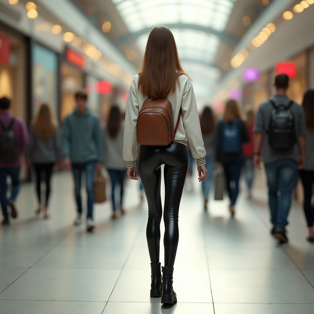 Slender Russian schoolgirl teenager. She walking in a shopping center. Lots of people around. Back view. Skinny jeans fit tightly to her buttocks. She is thin. black shiny leather leggings. Black high platform boots. Thin legs. Athletic buttocks. Thin, she anorexic. Shorter height. Long hair.  white sports jacket. Brown backpack on her back. Ultra realism. Highest quality. 4K. Masterpiece. Photorealism. Natural light. Photo.
